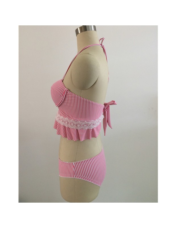 Sexy Pink Striped Lace Two Piece Swimwear Set m11856