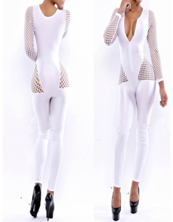 Black And White Holey Long Sleeves Bandage Bodycon Jumpsuit M3801