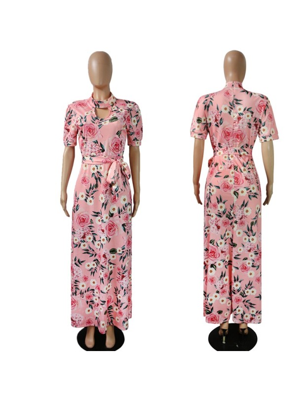Casual Short Sleeve Long Boho Floral Print Maxi Dress M8410