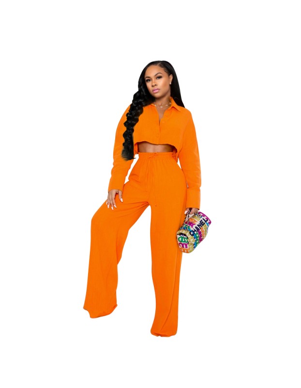 Women's Autumn Simple Solid Color Shirt Wide Leg Straight Pants Casual Suit YM8628