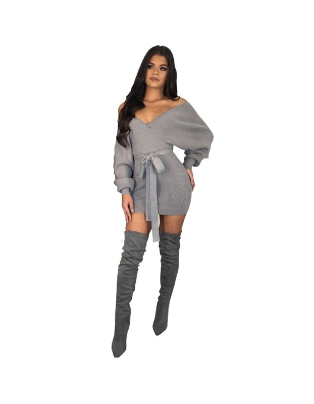 Autumn Winter Off Shoulder Knitted Sweater Dress M8273