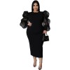 Sexy Women Solid Color Yarn Sleeve Plus Size Dress 9416