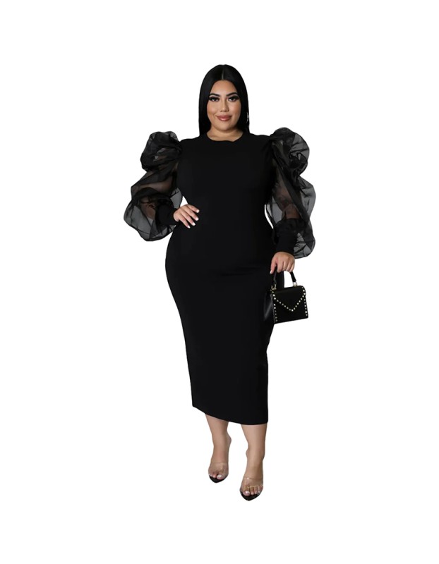 Sexy Women Solid Color Yarn Sleeve Plus Size Dress 9416
