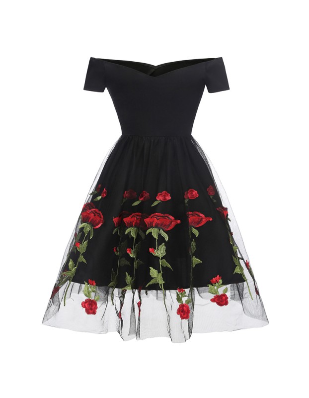 White And Black Mesh Sexy Transparent Rose Elegant Women Evening Print Dresses CD1609