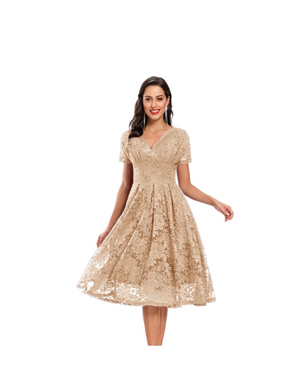 V-neck Midlength Lace Wedding Party With A Full Swing Dinner Dress CD1784