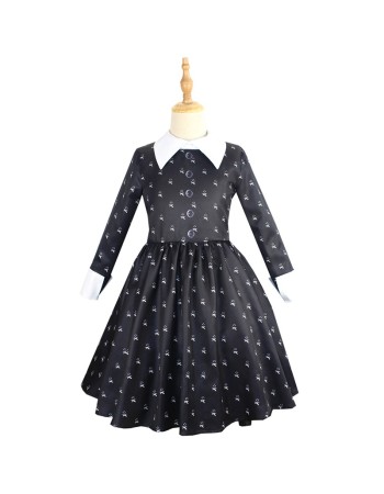 Children Long-Sleeved Adams Family Cosplay Girl's Lapel Mid-Length Dress YZF411