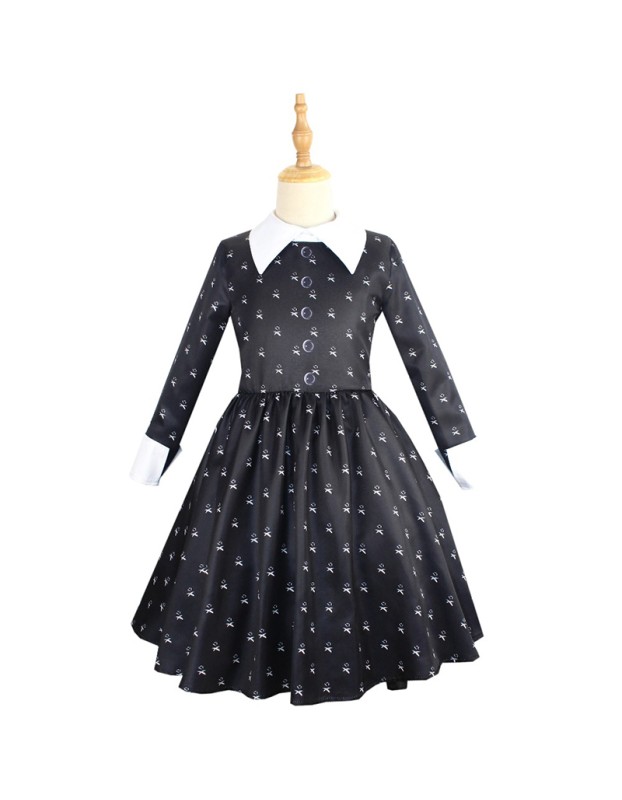 Children Long-Sleeved Adams Family Cosplay Girl's Lapel Mid-Length Dress YZF411