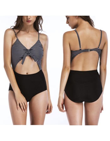 Black White Striped Hollow Out Sexy Two Pieces Bikini Swimsuit 18005L