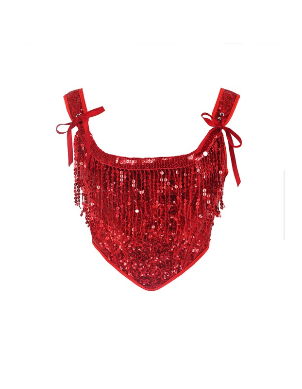 2023 Court Sexy Women Red Fringe Corset Little Sequin Vest Lacing Bustier WK2311