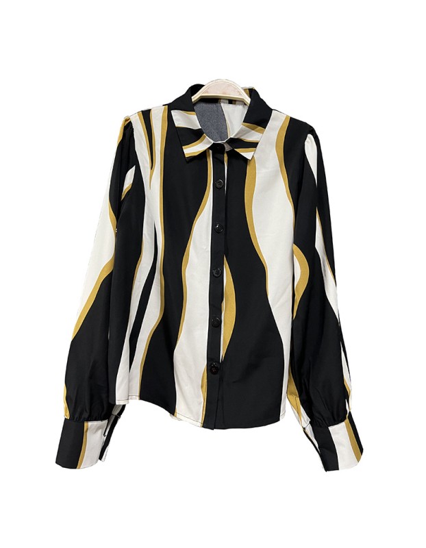 2023 Summer Shirt Striped Lapel Long Sleeve Single Breasted Shirt For Women 5197