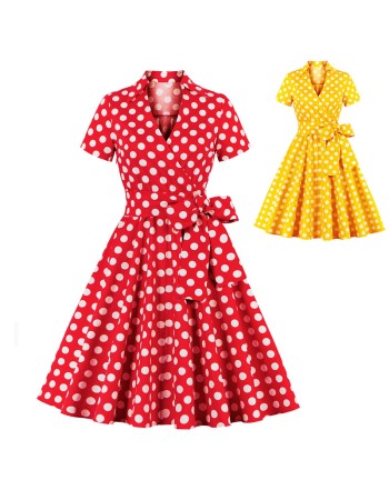XL-4XL Vintage Polka Dot V-Neck Pin Up Rockabilly Dress 1207A