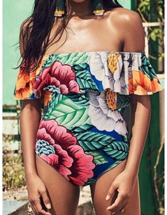 New style ruffle-shoulder  one piece colorful flower print swimwear 17076