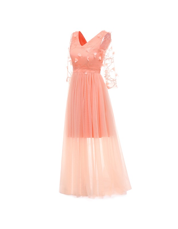 Net Yarn Flowers Wedding Bridal Long V-Neck Club Sexy Thin Dress CD1672