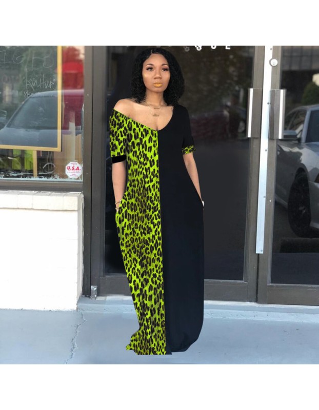 Lady Summer Loose Casual Leopard Pockets Dress M9200