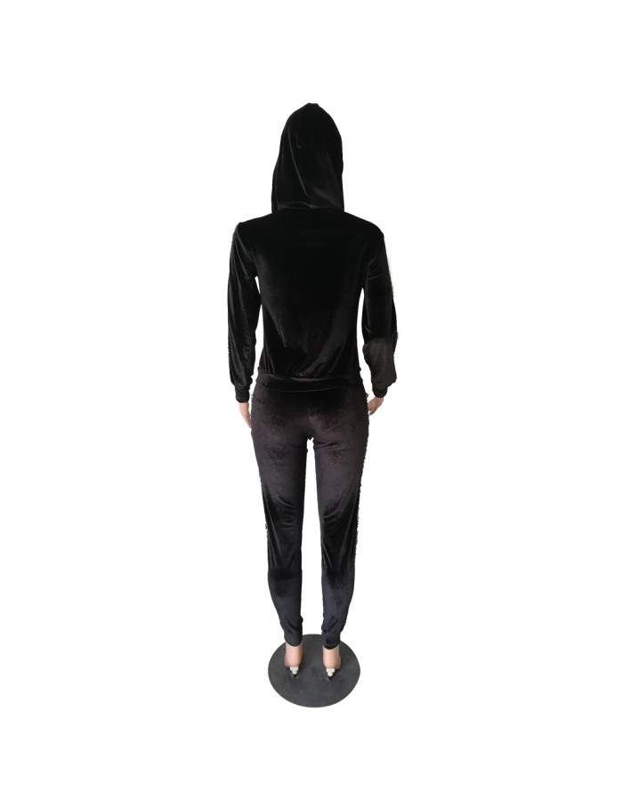 Women Autumn Long Sleeve Thick Velvet Hooded Two Piece Set M8482