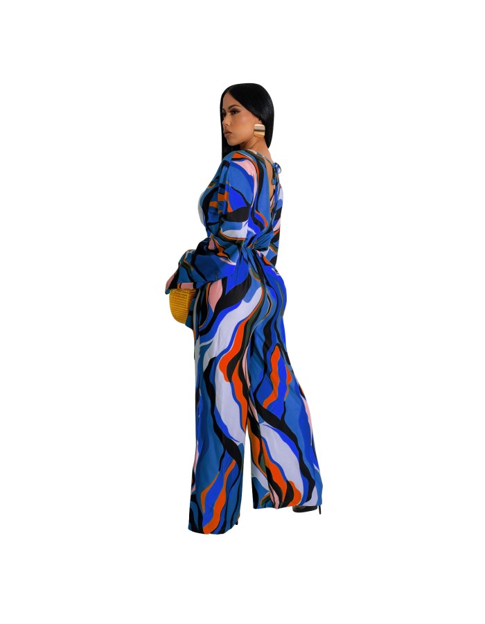 Fashion Sexy V-neck Long Sleeved Printed Wide Leg Jumpsuit For Women YM8631