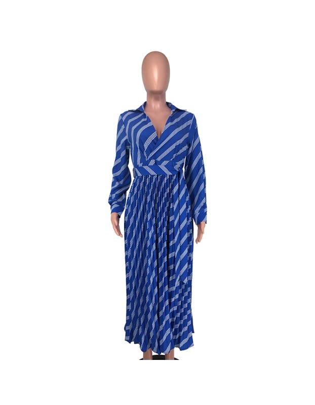 Sexy Women's V-neck Long Sleeve Exquisite Printed Pleated Dress YM8632