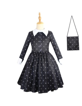 Children Long-Sleeved Adams Family Cosplay Girl's Lapel Mid-Length Dress YZF411