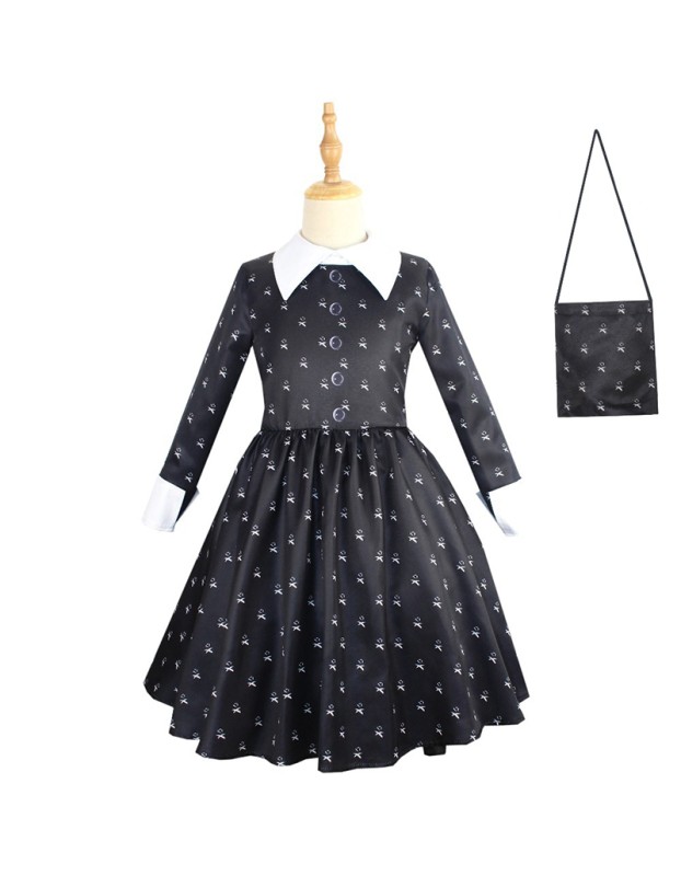 Children Long-Sleeved Adams Family Cosplay Girl's Lapel Mid-Length Dress YZF411