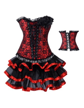 red corsage decorated jacquard corset with skirt m1976C