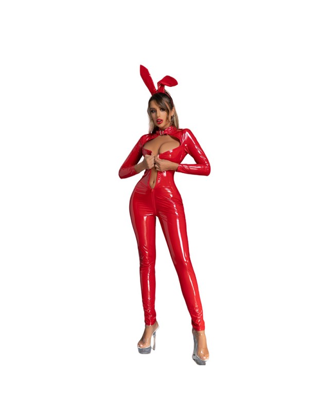 Sexy Open Crotch Women Patent Leather Bright Jumpsuit Sex Uniform 68039