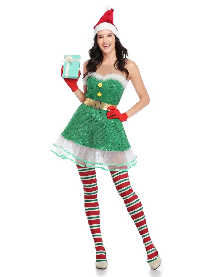 Sexy Off Shoulder Santa Claus Green Sequin Elf Xmas Costume M21945