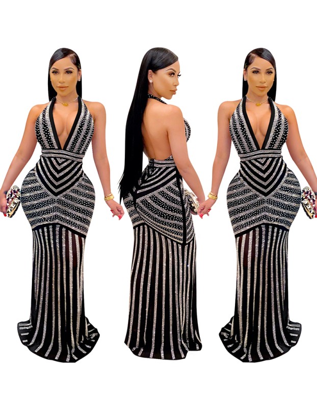 Sexy Deep V Backless Sequin Evening Ironed Drill See Through Long Party Dress X3816