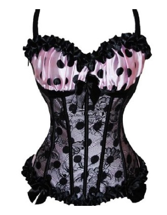 pink fabric black pleated lace corset m1883f