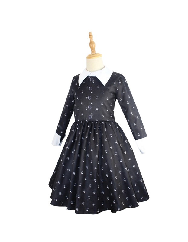 Children Long-Sleeved Adams Family Cosplay Girl's Lapel Mid-Length Dress YZF411