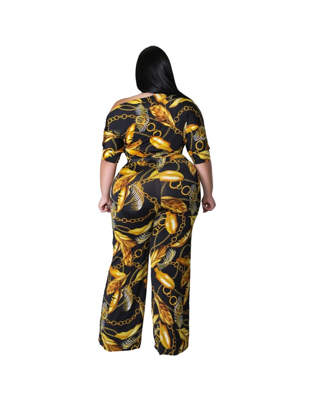 Plus Size Short Sleeved Printing Shoulder Two Piece Long Pants Set 8615