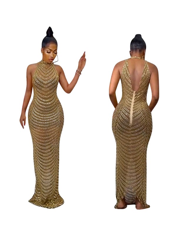 See Through Women Sexy Backless Hot Diamond Elegant Party Dress X5259