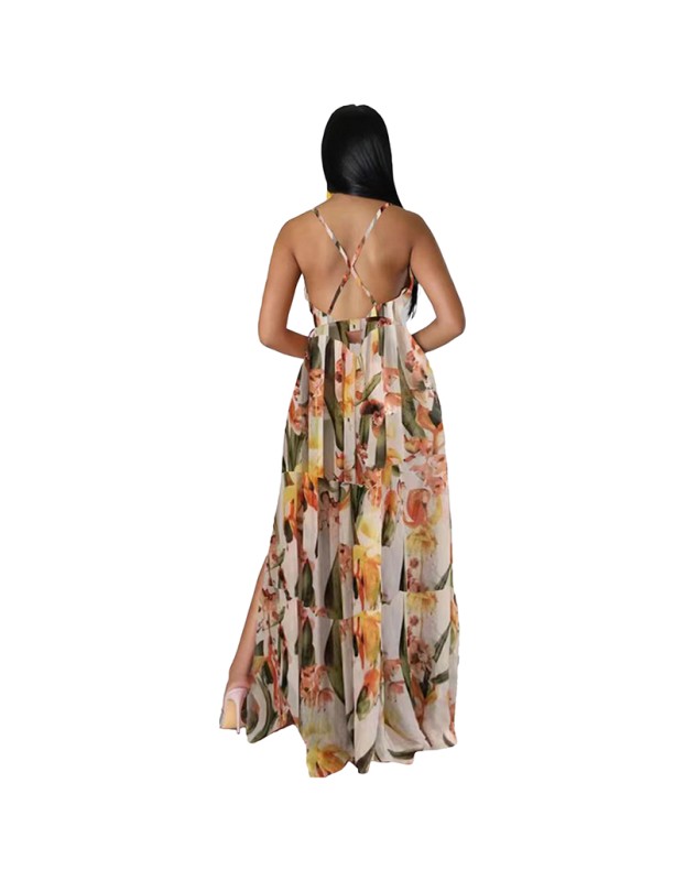 European And American Fashion Women's Print Halter Long Dress 9400