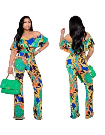 Summer Women Boho Casual Loose Ruffle Off Shoulder Jumpsuit M8605