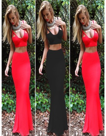 Two piece red low-cut sleeveless maxi evening dress M30045