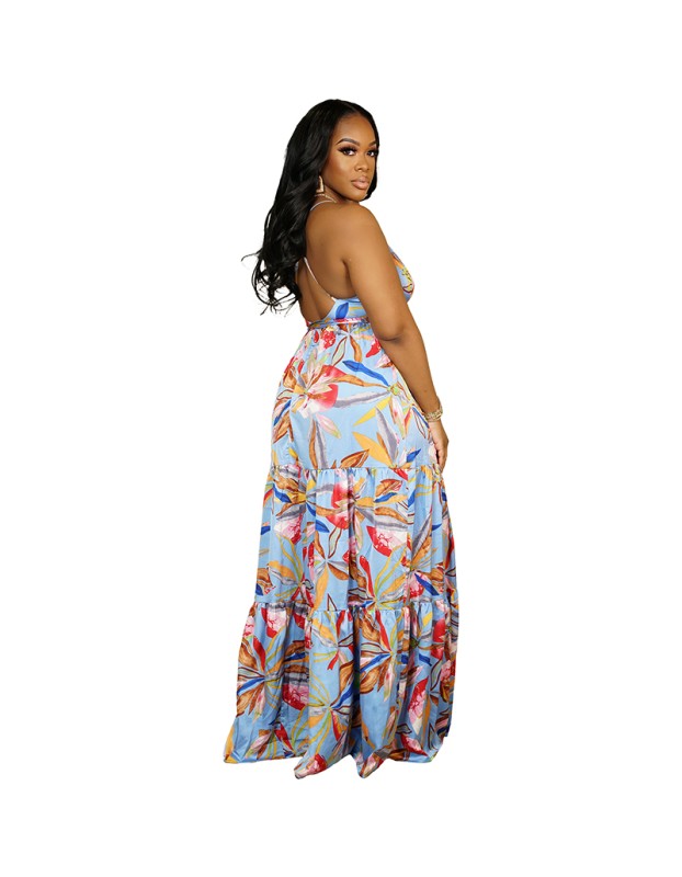 European And American Fashion Women's Print Halter Long Dress 9400