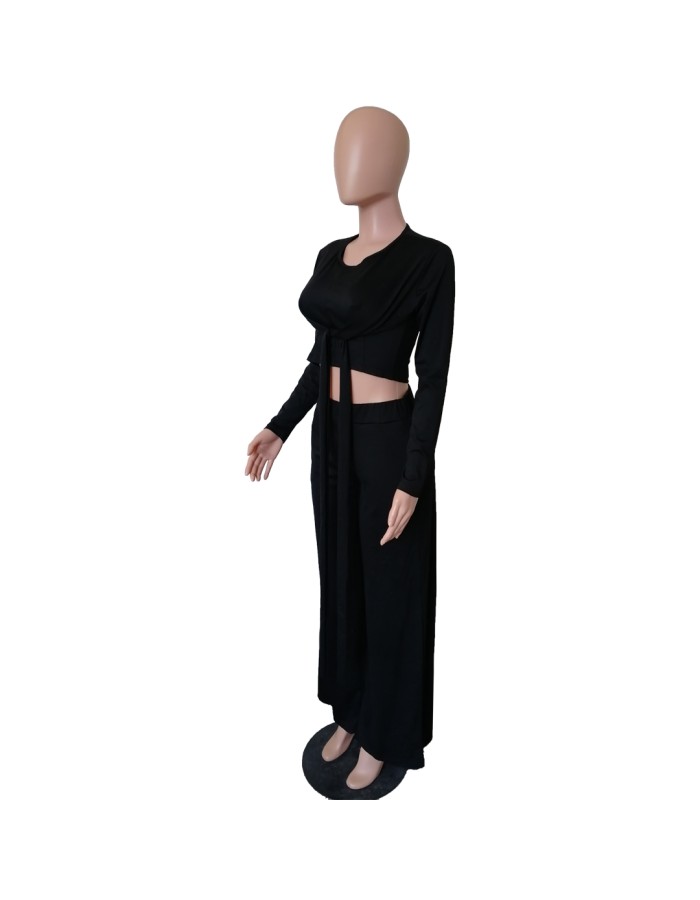 Long Sleeve Bandage Top + Wide Leg Long Pants Casual 2 Pieces Sets M8490