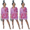 Pink Letter Printed Loose Casual Short Denim Jumpsuit M8461