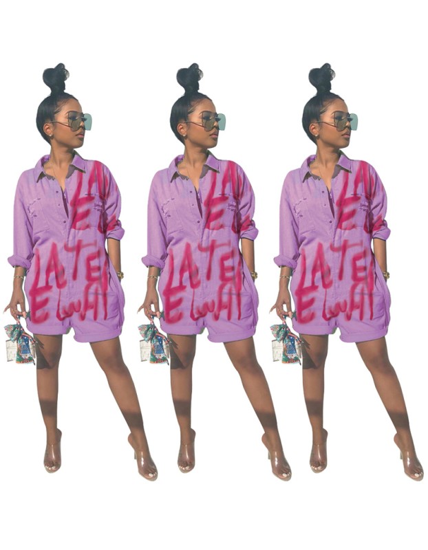 Pink Letter Printed Loose Casual Short Denim Jumpsuit M8461