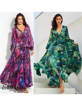 Summer long sleeve V-neck green leaf print maxi dress M8389