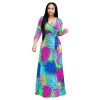 Summer Sexy V Neck Green Palm Leaf Print Holiday Maxi Dress m8408