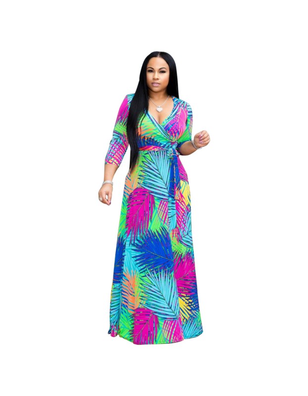 Summer Sexy V Neck Green Palm Leaf Print Holiday Maxi Dress m8408