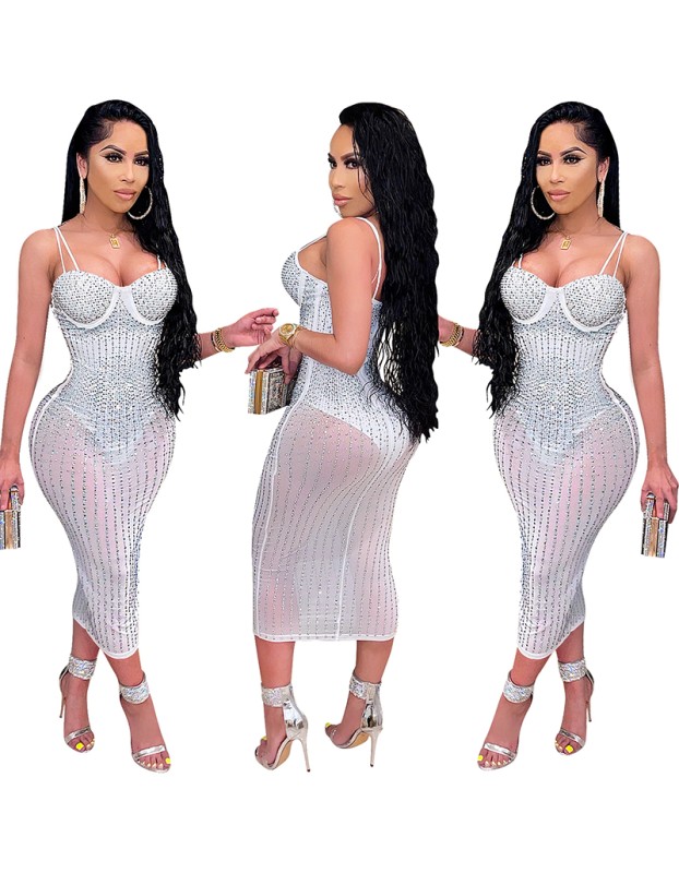 Mesh Club Sexy Diamond Encrusted Halter Womens Dresses X3805