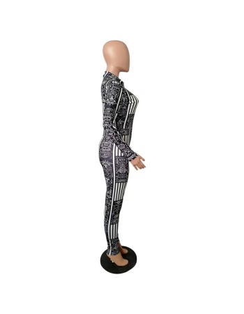 Autumn Long Sleeve Elasticity Skinny Print Vintage Jumpsuit M8486