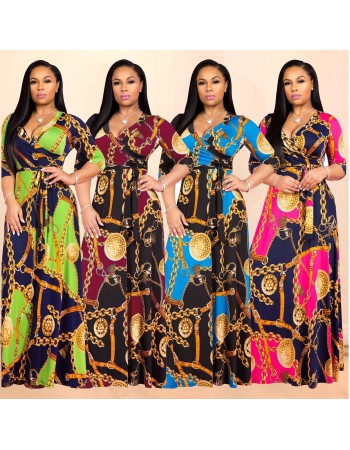 Women V-Neck Half Sleeves Chain Print Maxi Dress M8349