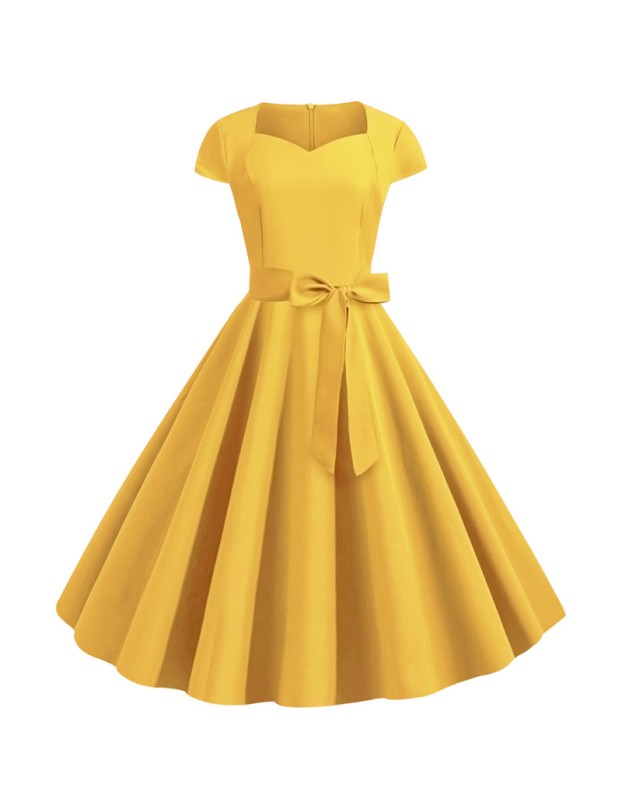 Solid Color Retro Short Sleeve 2022 Spring Elegant Casual Dresses JY14129