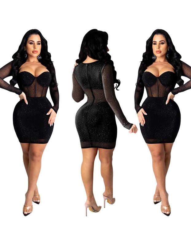 Hot Drilling Perspective Elegant Sexy Long Sleeve Dresses Women X3851
