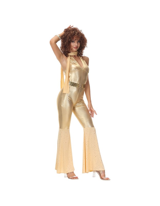 Women Gold Retro Hippie Costume Disco Dance Club Cosplay Costume MS5038