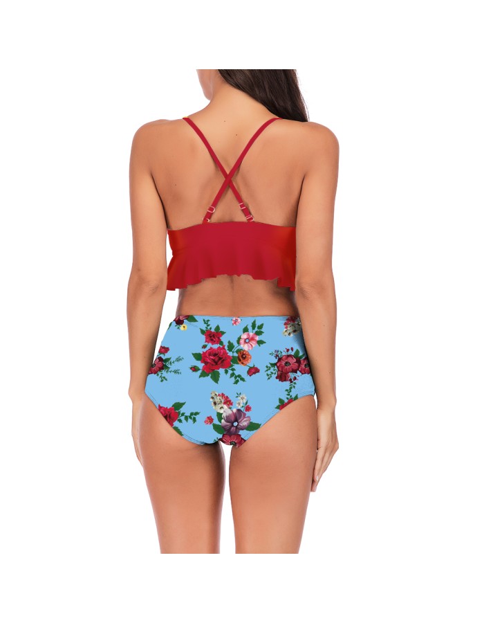 High Waist Sexy Floral Print Ruffles Bikini Set CC73