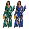 Fashion Sexy V-neck Long Sleeved Printed Wide Leg Jumpsuit For Women YM8631