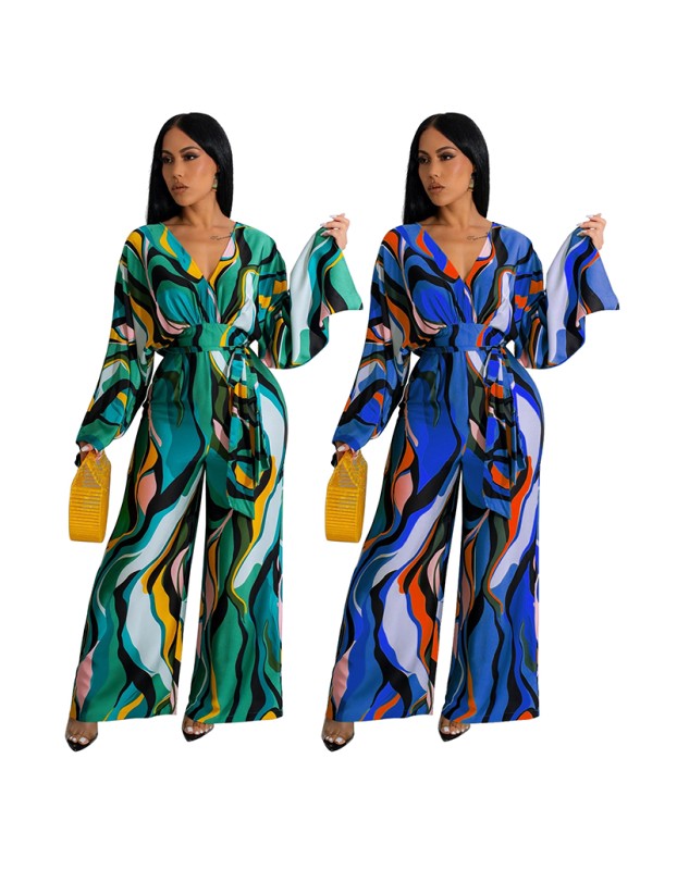 Fashion Sexy V-neck Long Sleeved Printed Wide Leg Jumpsuit For Women YM8631